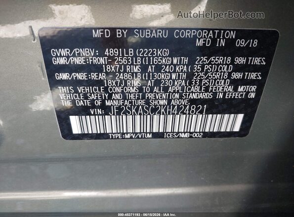 JF2SKASC2KH424821 2019 SUBARU FORESTER Green Շարժիչի բաժամունքի տեսք