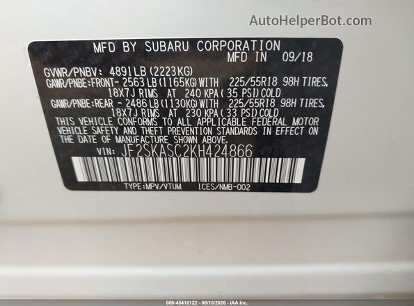 JF2SKASC2KH424866 2019 SUBARU FORESTER White Engine compartment view
