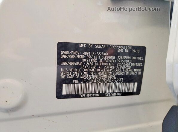 JF2SKASC2KH426293 2019 SUBARU FORESTER White Widok naklejki z numerem VIN
