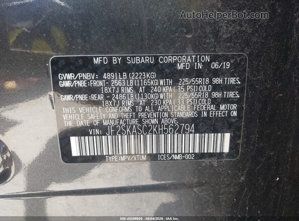JF2SKASC2KH562794 2019 SUBARU FORESTER Dark Blue Widok komory silnika