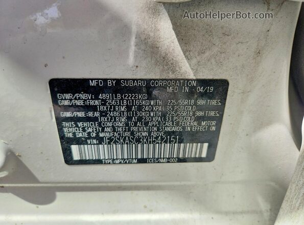 JF2SKASC3KH542151 2019 SUBARU FORESTER White 