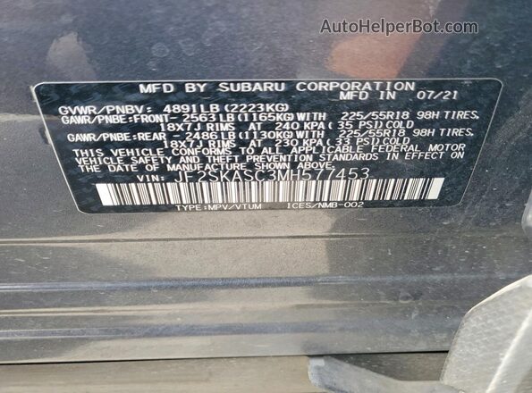 JF2SKASC3MH577453 2021 SUBARU FORESTER Gray VIN կոդի պիտակի տեսք