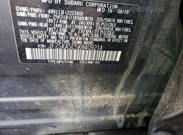 JF2SKASC5KH409214 2019 SUBARU FORESTER Charcoal 