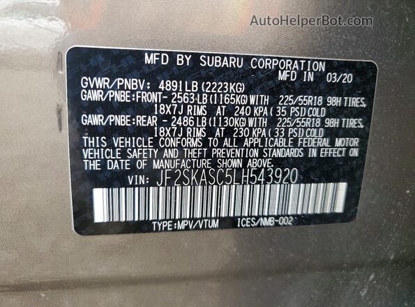 JF2SKASC5LH543920 2020 SUBARU FORESTER Brown 