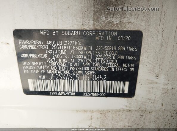 JF2SKASC5LH550852 2020 SUBARU FORESTER Белый Вид подкапотного пространства