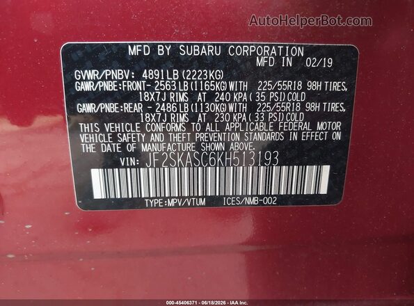 JF2SKASC6KH513193 2019 SUBARU FORESTER Red Vista del compartimento del motor