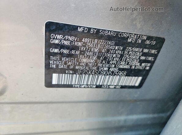 JF2SKASC8KH575968 2019 SUBARU FORESTER Silver Вид наклейки з VIN-кодом