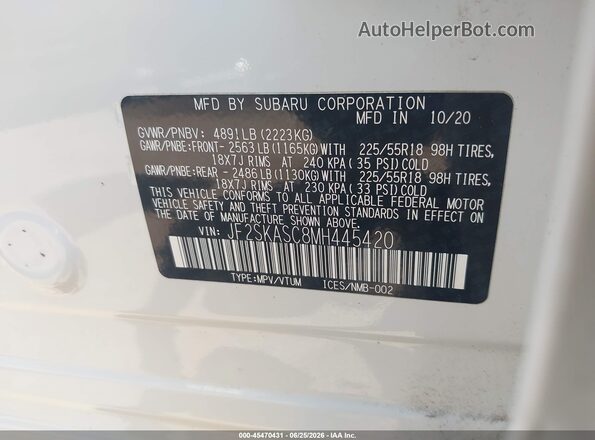 JF2SKASC8MH445420 2021 SUBARU FORESTER White Engine compartment view