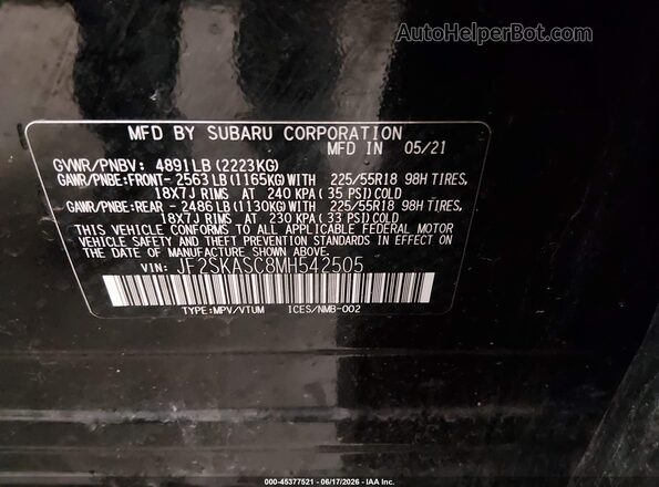 JF2SKASC8MH542505 2021 SUBARU FORESTER Black Engine compartment view