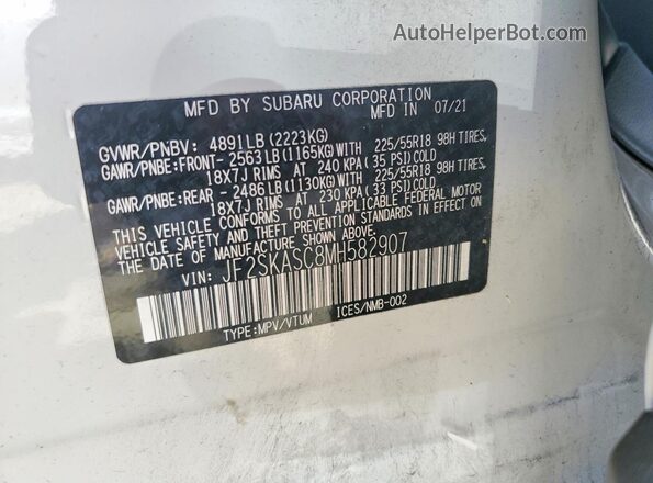 JF2SKASC8MH582907 2021 SUBARU FORESTER White VIN կոդի պիտակի տեսք
