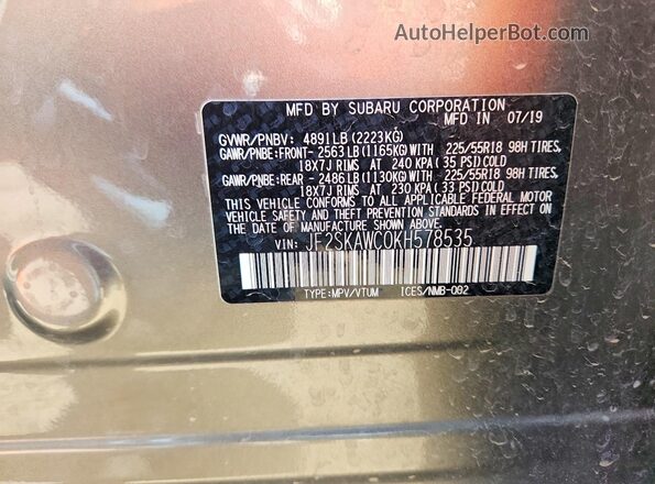 JF2SKAWC0KH578535 2019 SUBARU FORESTER Charcoal VIN կոդի պիտակի տեսք