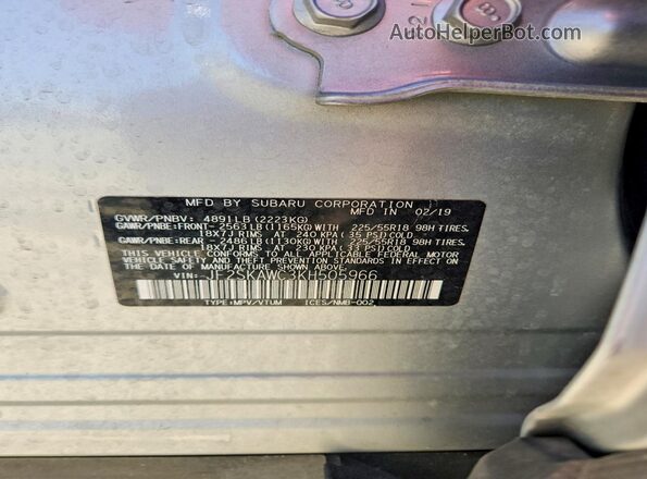 JF2SKAWC3KH505966 2019 SUBARU FORESTER Серебряный Вид наклейки с VIN-кодом