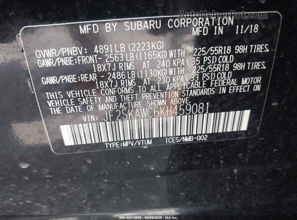 JF2SKAWC6KH459081 2019 SUBARU FORESTER Black Widok komory silnika