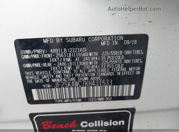 JF2SKAWC7KH431533 2019 SUBARU FORESTER Белый Вид подкапотного пространства