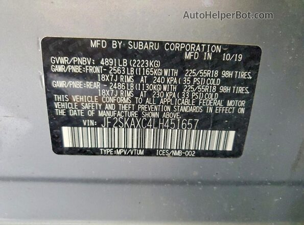 JF2SKAXC4LH451657 2020 SUBARU FORESTER Серебряный Вид наклейки с VIN-кодом