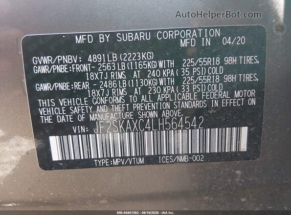 JF2SKAXC4LH564542 2020 SUBARU FORESTER Gray Vista del compartimento del motor