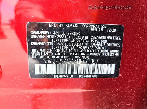 JF2SKAXC4MH471957 2021 SUBARU FORESTER Burgundy Widok naklejki z numerem VIN