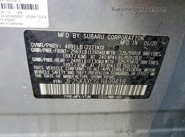 JF2SKAXC6LH499418 2020 SUBARU FORESTER Silver Vista de la etiqueta del VIN
