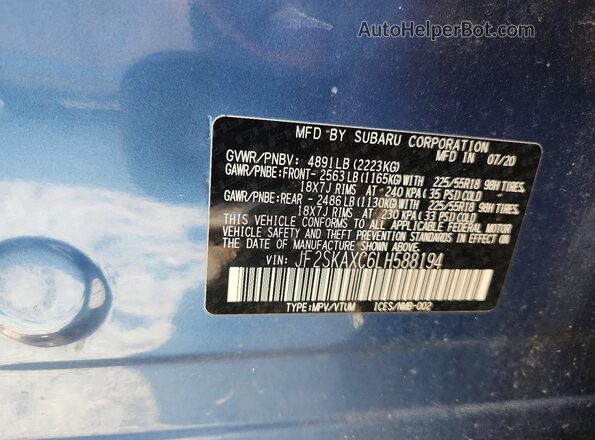 JF2SKAXC6LH588194 2020 SUBARU FORESTER Blue VIN კოდის სტიკერის ხედი