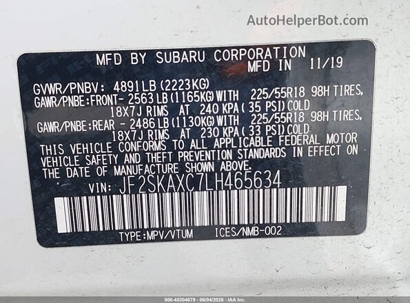 JF2SKAXC7LH465634 2020 SUBARU FORESTER White Engine compartment view