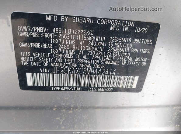 JF2SKAXC8MH442414 2021 SUBARU FORESTER Silver Engine compartment view