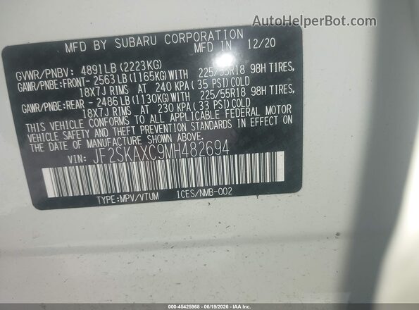 JF2SKAXC9MH482694 2021 SUBARU FORESTER White Vista del compartimento del motor
