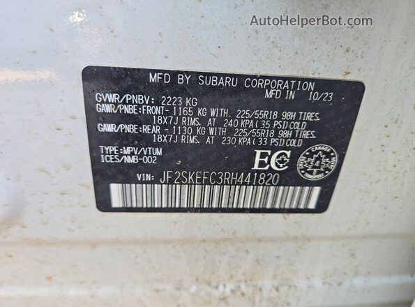 JF2SKEFC3RH441820 2024 SUBARU FORESTER White VIN კოდის სტიკერის ხედი
