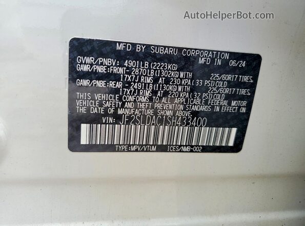 JF2SLDAC1SH433400 2025 SUBARU FORESTER White VIN կոդի պիտակի տեսք