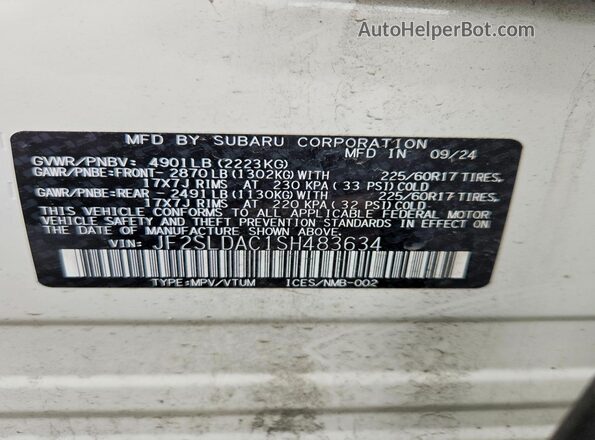 JF2SLDAC1SH483634 2025 SUBARU FORESTER Белый 