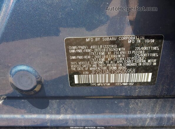 JF2SLDAC7SH505958 2025 SUBARU FORESTER Blue Vista del compartimento del motor