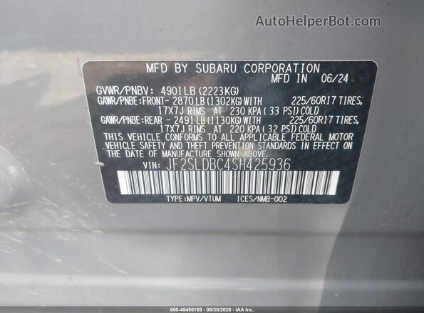 JF2SLDBC4SH425936 2025 SUBARU FORESTER Gray Widok komory silnika