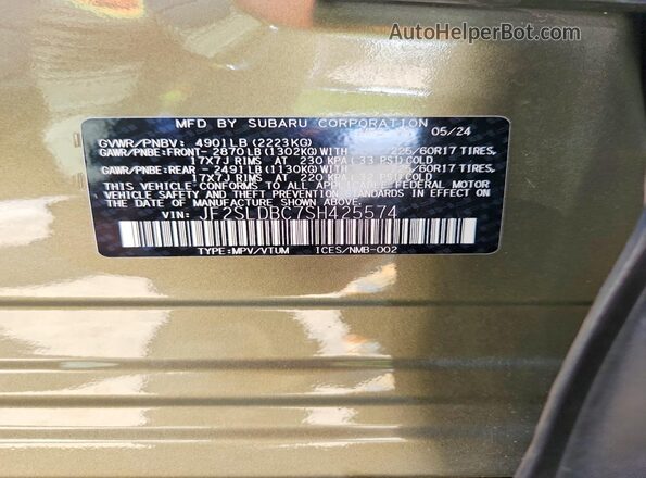 JF2SLDBC7SH425574 2025 SUBARU FORESTER Зеленый Вид наклейки с VIN-кодом