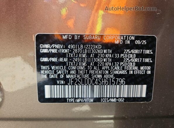 JF2SLDDC4SH615796 2025 SUBARU FORESTER Бежевый 