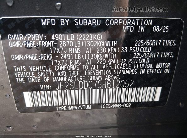 JF2SLDDC7SH612052 2025 SUBARU FORESTER Gray Widok komory silnika