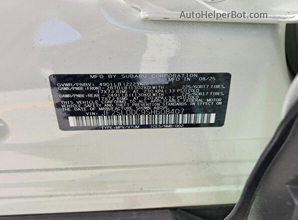 JF2SLDDC9SH608407 2025 SUBARU FORESTER White VIN կոդի պիտակի տեսք