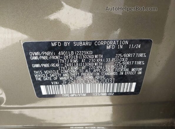 JF2SLDDCXSH520031 2025 SUBARU FORESTER Green Вид підкапотного простору