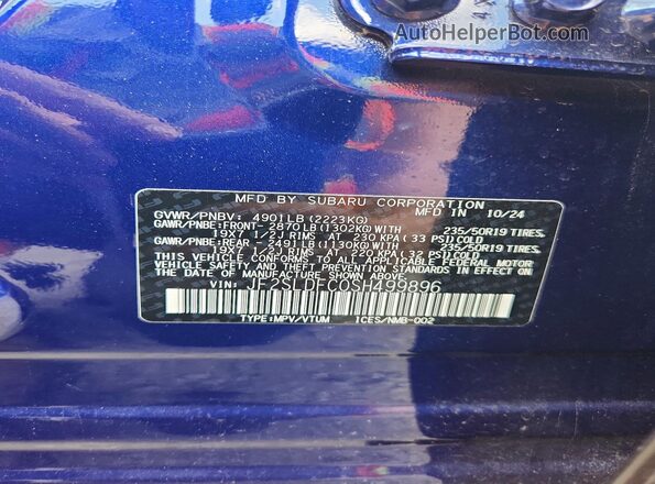 JF2SLDFC0SH499896 2025 SUBARU FORESTER Blue VIN კოდის სტიკერის ხედი