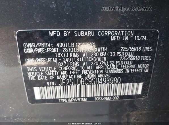 JF2SLDRC9SH493980 2025 SUBARU FORESTER Gray Вид підкапотного простору