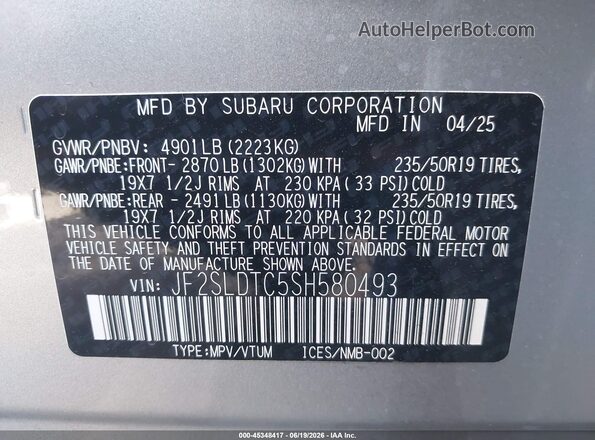 JF2SLDTC5SH580493 2025 SUBARU FORESTER Silver Вид підкапотного простору