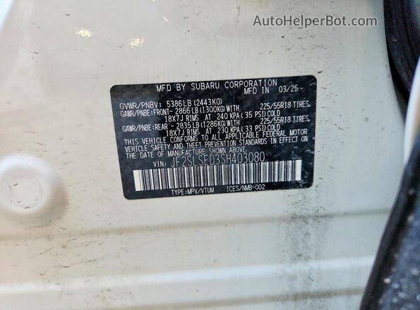 JF2SLSED3SH403080 2025 SUBARU FORESTER White VIN sticker view