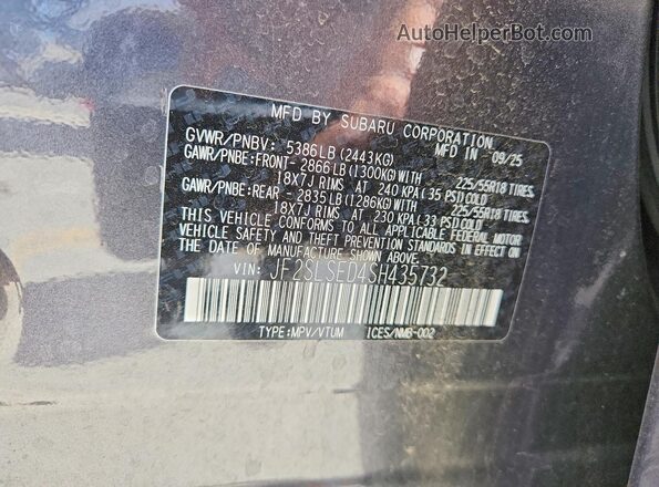 JF2SLSED4SH435732 2025 SUBARU FORESTER Gray Вид наклейки з VIN-кодом