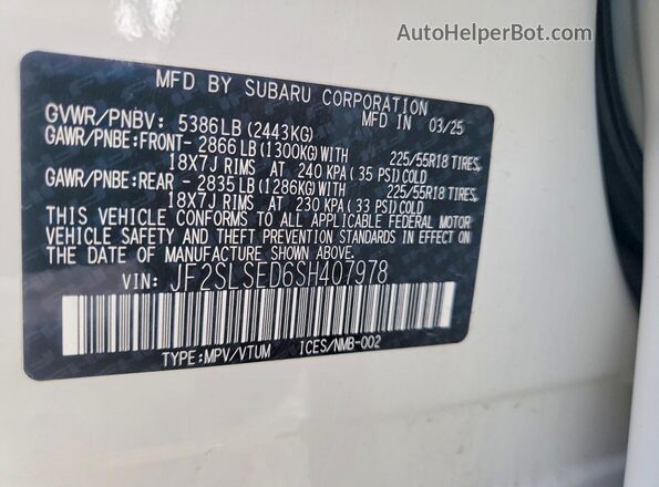 JF2SLSED6SH407978 2025 SUBARU FORESTER White VIN კოდის სტიკერის ხედი