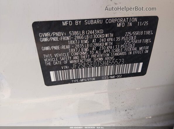 JF2SLSED7SH455523 2025 SUBARU FORESTER White Вид підкапотного простору