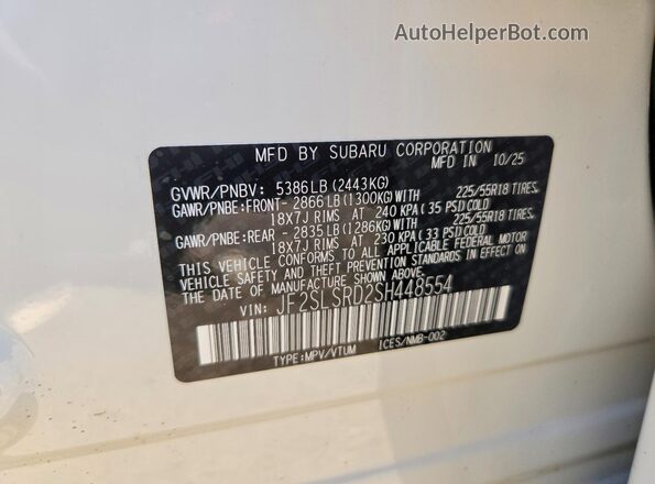 JF2SLSRD2SH448554 2025 SUBARU FORESTER White VIN კოდის სტიკერის ხედი
