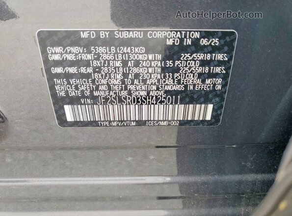 JF2SLSRD3SH425011 2025 SUBARU FORESTER Gray VIN կոդի պիտակի տեսք