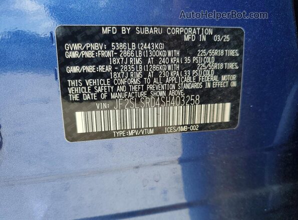 JF2SLSRD4SH403258 2025 SUBARU FORESTER Blue Вид наклейки з VIN-кодом