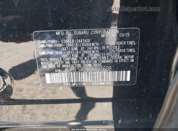 JF2SLSRD5SH403608 2025 SUBARU FORESTER Black Շարժիչի բաժամունքի տեսք
