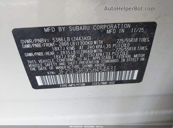 JF2SLSRDXSH454831 2025 SUBARU FORESTER White Widok komory silnika