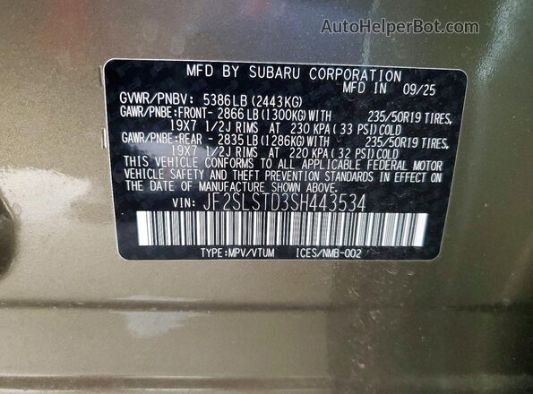JF2SLSTD3SH443534 2025 SUBARU FORESTER Green VIN կոդի պիտակի տեսք