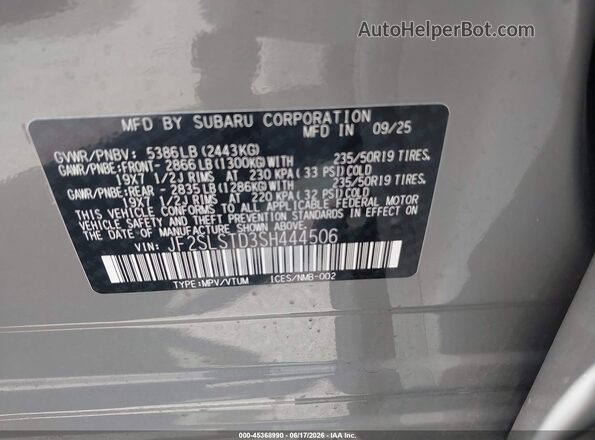 JF2SLSTD3SH444506 2025 SUBARU FORESTER Gray Widok komory silnika